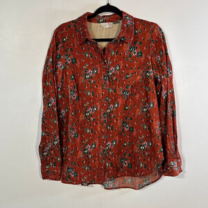 Anthropologie Corduroy Button Down Shirt Women’s Size 8 Brown Green Floral
